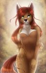  5_fingers anastasia anthro bare_shoulders black_nose breasts brown_fur canine eyelashes featureless_breasts featureless_crotch female fox fur green_eyes hair mammal midriff navel nude red_hair silentwulv solo standing teeth white_fur wide_hips 