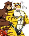  &lt;3 2016 anthro bear bearlovestiger13 blush brown_fur bulge clothing duo feline fur hi_res juuichi_mikazuki male male/male mammal morenatsu muscular muscular_male nipples pulling_up teasing tiger torahiko_(morenatsu) 