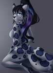  4_toes akyra anthro bare_back black_hair black_nose blue_eyes breasts ear_piercing feline female fur grey_fur hair kneeling looking_at_viewer mammal nude pawpads piercing side_boob silentwulv simple_background solo spots spotted_fur toes 