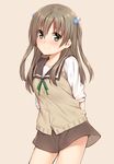  arms_behind_back blush brown_hair cardigan_vest cowboy_shot green_eyes long_hair looking_at_viewer mikazuchi_zeus miniskirt mitani_kanae school_uniform serafuku skirt smile solo tamayura two_side_up 