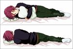  black_border blush border child crying crying_with_eyes_open dakimakura free! looking_at_viewer male_focus matsuoka_rin megumi-square multiple_views object_hug pants parted_lips pillow pillow_hug plaid plaid_pants red_eyes red_hair sharp_teeth tearing_up tears teeth twitter_username younger 