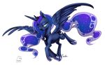  blue_eyes blue_feathers cosmic_hair cutie_mark equine feathered_wings feathers feral flying friendship_is_magic half-closed_eyes hooves horn mammal moenkin my_little_pony princess_luna_(mlp) simple_background solo winged_unicorn wings 