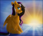 bare_back black_hair blue_eyes cutie_mark equine eyelashes fan_character feathered_wings feathers female feral fur gold_feathers gold_fur hair hooves horse looking_back mammal multicolored_hair my_little_pony outside pegasus pony silentwulv sitting sky smile solo sun wings 