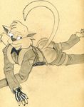  anthro barefoot butt cat clothed clothing embarrassed feline jake_clawson looking_back lying male mammal monochrome on_front pain pants_down partially_clothed pencil_(artwork) raised_tail solo spank_marks swat_kats sweat sweatdrop traditional_media_(artwork) tush 