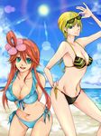  blonde_hair blue_eyes blush breasts fuuro_(pokemon) gym_leader hair_ornament kamitsure_(pokemon) large_breasts long_hair midriff multiple_girls navel open_mouth pokemon pokemon_(game) pokemon_bw red_hair smile swimsuit 