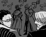  4boys armor artist_request beard black_hair coat demiurge demon ear_piercing facing_another gauntlets glasses gloves goat greaves hat helmet horns monochrome mustache overlord_(maruyama) pinstripe_suit sebas_tian shoulder_armor simple_background sweat touch_me translation_request ulbert_alain_odle 