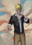  between_fingers black_jacket blonde_hair brown_pants casual cigarette collarbone collared_shirt cowboy_shot dress_shirt explosive grenade hand_to_own_mouth highres holding holding_bomb jacket junkrat_(overwatch) male_focus open_clothes open_jacket overwatch pants shirt short_sleeves sleeves_rolled_up smile smoke solo white_shirt wing_collar yellow_eyes 