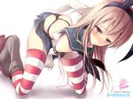  artist_name between_legs black_panties blonde_hair blush boots brown_eyes character_name fukai_ryousuke grey_footwear hairband kantai_collection kneeling long_hair panties revision shimakaze_(kantai_collection) signature simple_background skirt solo striped striped_legwear thighhighs thong underwear white_background 