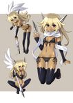  :o bikini blonde_hair breasts character_sheet dark_skin g-pen grin katahira_masashi kneeling long_hair medium_breasts multiple_views original pen personification pink_eyes quill side-tie_bikini sitting smile swimsuit thighhighs underboob 