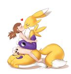  &lt;3 anthro blush butt butt_grab claws clothing digimon digiphilia duo embracing eyes_closed female female/female fur gloves hair hand_on_back hand_on_butt hi_res human human_on_anthro interspecies kissing mammal nude on_lap renamon rika_nonaka romantic_couple side_view simple_background sitting sparkydb white_background yellow_fur young 