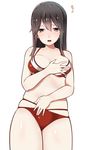  absurdres akagi_(kantai_collection) bare_shoulders bikini blush breasts brown_eyes brown_hair collarbone covering_navel embarrassed hair_between_eyes hand_on_breast highres kantai_collection long_hair medium_breasts mitsudoue open_mouth simple_background solo straight_hair swimsuit 
