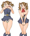  1girl areolae ascot brown_eyes brown_hair exposed gundam_build_fighters_try large_areolae pubic_hair sazaki_kaoruko see-through tails twin white_background 