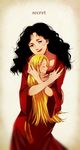  black_hair blonde_hair blush closed_eyes curly_hair disney grey_eyes highres hug libera lipstick long_hair makeup mother_gothel multiple_girls rapunzel_(disney) red_lipstick smile tangled younger 