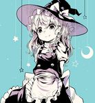  apron arms_behind_back blush bow braid buttons closed_mouth crescent hair_bow hat hat_bow highres kirisame_marisa long_hair monochrome puffy_sleeves pyonsuke_(pyon2_mfg) single_braid skirt smile solo star touhou vest witch_hat 