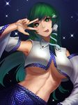  :p breasts cowboy_shot crop_top crop_top_overhang detached_sleeves frog frog_hair_ornament green_eyes green_hair hair_ornament hair_tubes kochiya_sanae large_breasts long_hair long_sleeves looking_at_viewer midriff minami_koyogi navel smile snake snake_hair_ornament solo sparkle star star-shaped_pupils symbol-shaped_pupils tongue tongue_out touhou underboob v wide_sleeves 
