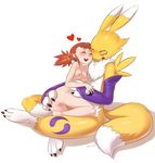  &lt;3 anthro anus blush breasts butt butt_grab claws clothing digimon digiphilia duo embracing eyes_closed female female/female fur gloves hair hand_on_butt hand_on_stomach happy hi_res human human_on_anthro interspecies mammal nipples nude on_lap pussy renamon rika_nonaka romantic_couple side_view simple_background sitting smile sparkydb white_background yellow_fur young 