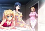  aqua_eyes bangs black_hair blonde_hair blue_eyes covered_nipples dress indoors kamimura_akiko kamimura_chika kamimura_haruka kouzaka_kouhei looking_at_viewer lying mature mother_and_daughter multiple_girls official_art on_bed on_stomach siblings sisters sisters_~natsu_no_saigo_no_hi~ sitting sleeveless smile sundress swept_bangs unbuttoned unbuttoned_shirt 