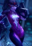  blue_hair bodysuit breasts chirun cleavage closed_mouth collarbone expressionless gloves gun head_mounted_display lipstick looking_at_viewer makeup medium_breasts navel overwatch pauldrons pink_bodysuit ponytail purple_skin rifle skin_tight sniper_rifle solo watermark weapon web_address widowmaker_(overwatch) yellow_eyes 