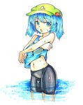  bare_shoulders bike_shorts black_shorts blue_eyes blue_hair blue_shirt breasts cowboy_shot groin hair_bobbles hair_ornament hat highres kawashiro_nitori looking_at_viewer medium_breasts midriff navel open_mouth shirt short_hair shorts sleeveless solo sweatdrop tank_top touhou traditional_media two_side_up umikaji wading water 