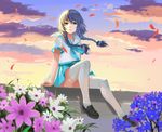  alternate_hairstyle arms_at_sides black_hair blue_skirt blurry braid crying crying_with_eyes_open depth_of_field flower forget-me-not_(flower) full_body green_eyes hair_ornament highres loafers long_hair looking_at_viewer luo_tianyi outdoors panties pantyshot pantyshot_(sitting) petals pleated_skirt school_uniform serafuku shoes short_sleeves sitting skirt sky solo tears thighhighs tied_hair traze twin_braids underwear vocaloid vocanese white_legwear white_panties wind 