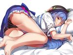  ass bare_legs barefoot black_hat black_panties blue_hair blue_skirt breasts commentary_request feet food fruit hat hinanawi_tenshi large_breasts leaf long_hair looking_at_viewer lying neropaso on_side one_eye_closed panties peach pillow rainbow_order red_eyes shirt short_sleeves skirt solo striped touhou underwear vertical-striped_panties vertical_stripes white_shirt 