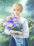  blonde_hair blue_eyes blue_flower blue_skirt blurry bokeh bouquet commentary_request cornflower cowboy_shot crossed_arms dappled_sunlight day depth_of_field flower fog forest grass highres holding holding_flower iris_(flower) landscape leaf light_smile lips long_sleeves looking_at_viewer meadow nakamitsu nature nose original outdoors plant purple_flower rose shirt short_hair skirt sky sleeves_rolled_up solo standing sunlight tree tree_shade white_flower white_shirt yellow_flower yellow_rose 