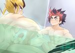  2boys abs barefoot beck erection feet footjob fuchigami_boruto future_card_buddyfight male_focus mikado_gaou multicolored_hair muscle nipples nude penis shared_bathing smile steam teeth toes water wet wince yaoi 