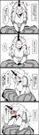  4koma :d ^_^ blush closed_eyes comic covering_mouth cuffs embarrassed eyebrows eyebrows_visible_through_hair full-face_blush gym_shirt hand_on_own_face highres horn hoshiguma_yuugi long_hair looking_at_viewer looking_away monochrome oni open_mouth shirt sitting smile spot_color sweat toriburi touhou translated 