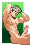  1boy abs cum cum_on_body erection glasses gloves male_focus multicolored_hair muscle nipples nude pecs penis pokemon pokemon_(game) pokemon_go professor_willow sitting smile solo 