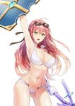  arm_up armpits bikini breasts cleavage dungeon_and_fighter earrings eyewear_on_head green_eyes holding huge_breasts jewelry kim_eb knight_(dungeon_and_fighter) long_hair multi-strapped_bikini navel open_mouth pink_hair shield simple_background smile solo sunglasses swimsuit weapon white_background white_bikini 