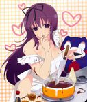  absurdres apron bare_shoulders breasts cleavage cupcake finger_licking food heart highres kitchen_knife knife large_breasts licking looking_at_viewer mayonnaise murasaki_(senran_kagura) naked_apron official_art pot purple_eyes purple_hair scan senran_kagura solo soy_sauce squeeze_bottle stove yaegashi_nan 