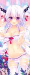  :d animal_ears bikini blush breasts bubble cleavage collarbone commentary_request cowboy_shot fang foreshortening frilled_bikini frills hair_ribbon highres horns konno_kengo large_breasts long_hair looking_at_viewer navel open_mouth original plant purple_eyes reaching_out red_ribbon ribbon silver_hair smile solo swimsuit thighhighs underwater white_bikini white_legwear white_ribbon 