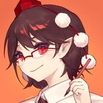  ainy77 bad_id bad_pixiv_id bespectacled black_hair blush closed_mouth collared_shirt commentary face glasses hat holding holding_pen looking_at_viewer lowres orange_background over-rim_eyewear pen pointy_ears pom_pom_(clothes) portrait red-framed_eyewear red_eyes semi-rimless_eyewear shameimaru_aya shirt short_hair smile solo tokin_hat touhou white_shirt 