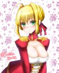  ahoge amamiya_kure bad_id bad_pixiv_id blonde_hair blush breasts cleavage dress fate/extra fate/extra_ccc fate_(series) green_eyes large_breasts looking_at_viewer nero_claudius_(fate) nero_claudius_(fate)_(all) pauldrons red_dress solo twitter_username 