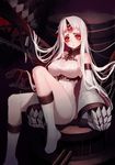  absurdres bare_shoulders breasts claws commentary_request detached_sleeves dress highres horn horns kantai_collection large_breasts long_hair qiongsheng red_eyes ribbed_dress seaport_hime shinkaisei-kan short_dress sitting solo teeth very_long_hair white_dress white_hair 