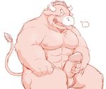  12beat13 abs anthro beat_you_(artist) blush bovine cattle erection male mammal masturbation muscular pecs penis simple_background solo white_background 