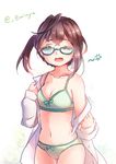  bare_shoulders blue-framed_eyewear bow bow_bra bow_panties bra breasts brown_hair buttons collarbone emia_wang glasses green_bra green_eyes green_panties kantai_collection long_sleeves looking_at_viewer multicolored_hair navel okinami_(kantai_collection) one_eye_closed open_mouth panties pink_hair polka_dot polka_dot_bra polka_dot_panties shirt short_hair small_breasts solo twitter_username underwear white_shirt 