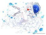 2016 apple blue_eyes blue_flower boots card cross-laced_footwear crown dress flower food fruit gloves grey_footwear grimm's_fairy_tales looking_at_viewer official_art open_mouth original pale_skin siloteddy snow_white snow_white_(grimm) solo watermark white_dress white_gloves white_hair 