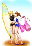  2girls beach blonde_hair brown_hair couple eyes_closed fate_testarossa hand_around_waist happy long_hair looking_at_another lyrical_nanoha mahou_shoujo_lyrical_nanoha ponytail side_ponytail smile sos77755 surfboard takamachi_nanoha towel very_long_hair wet yuri 