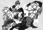  3girls abs artist_request breasts cap cleavage copyright_request female fingerless_gloves gloves monochrome muscle ribbon skirt tie 