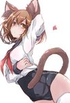  animal_ears arm_up blush brown_eyes brown_hair cat_ears cat_tail chain collar commentary_request cowboy_shot hair_ornament hairclip ikazuchi_(kantai_collection) kantai_collection kemonomimi_mode looking_at_viewer neckerchief red_neckwear sailor_collar school_swimsuit short_hair solo swimsuit swimsuit_under_clothes tail thighhighs white_legwear yumesato_makura 