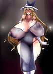  1girl areolae blonde_hair blush breasts cleavage dress elbow_gloves female gigantic_breasts gloves gradient_background hat highres huge_nipples kisaragi_futsuka large_areolae long_hair looking_at_viewer milf navel nipples no_bra no_panties no_underwear older plump pubic_hair sagging_breasts see-through smile solo standing tattoo thick_thighs thighhighs touhou very_long_hair walking watatsuki_no_toyohime white_gloves white_legwear wide_hips yellow_eyes 