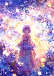  arms_at_sides backlighting blush branch capelet colorful fantasy highres leaf light light_particles original purple_eyes purple_hair robe sakimori_(hououbds) short_hair smile solo 