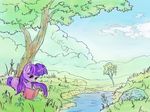  2014 book cloud cutie_mark equine female feral flower friendship_is_magic fur grass hair horn landscape mammal multicolored_hair my_little_pony outside plant purple_eyes purple_fur purple_hair reading river sky solo tree twilight_sparkle_(mlp) unicorn viwrastupr 