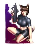  animal_ears bike_shorts bob_cut boots borrowed_character breasts brown_eyes brown_hair bullpup character_request commentary_request covered_nipples crop_top dated fox_ears fox_tail full_body kneeling large_breasts midriff one_knee original short_hair skin_tight solo taikyokuturugi tail trigger_discipline tsurime 