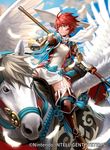 blue_sky boots bracer brown_eyes brown_footwear brown_gloves cloud day fire_emblem fire_emblem_cipher fire_emblem_if garter_straps gloves hinoka_(fire_emblem_if) holding holding_weapon i-la knee_boots official_art outdoors pegasus polearm red_hair reins riding saddle short_hair sky tassel thigh_boots thighhighs watermark weapon white_feathers wings zettai_ryouiki 