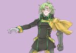  akimoto_(akimomomoto) cowboy_shot facepaint gauntlets gloves green_eyes green_hair grin jua-mu_dalbi male_focus messy_hair purple_background single_gauntlet smile solo super_robot_wars super_robot_wars_judgement super_robot_wars_og_moon_dwellers 