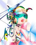  1girl barcode blonde_hair child cleavage copyright_request fangs glasses headgear looking_at_viewer peach reflection small_breasts surreal what 