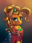  2014 alternate_hairstyle applejack_(mlp) blonde_hair clothing dress earth_pony equine female feral freckles friendship_is_magic fur gradient_background green_eyes hair horse looking_at_viewer mammal my_little_pony orange_fur pony simple_background smile solo viwrastupr 