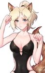  alternate_costume animal_ears bangs bare_shoulders black_swimsuit blonde_hair blue_eyes blush breasts casual_one-piece_swimsuit cleavage clenched_hands closed_mouth collarbone covered_navel facial_mark fox_ears fox_tail frown giji-p hair_ornament hair_tie hands_up high_ponytail hips kemonomimi_mode large_breasts looking_at_viewer mercy_(overwatch) one-piece_swimsuit overwatch parted_bangs paw_pose ponytail raised_eyebrows simple_background slender_waist solo swimsuit tail upper_body whisker_markings white_background 